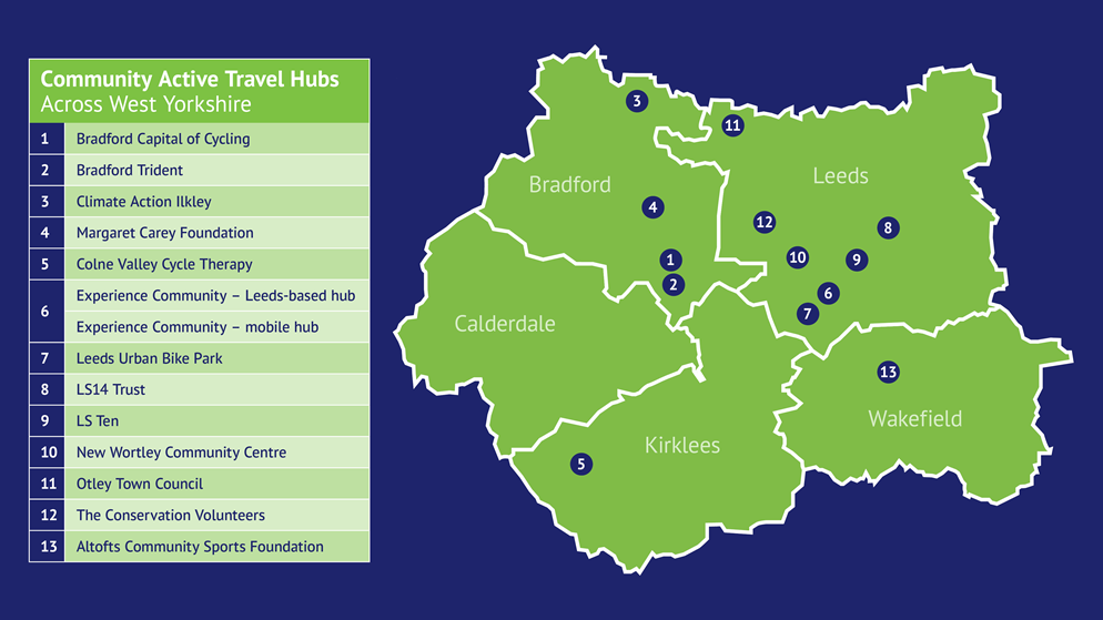 Map showing all the Community Active Travel Hubs across West Yorkshire